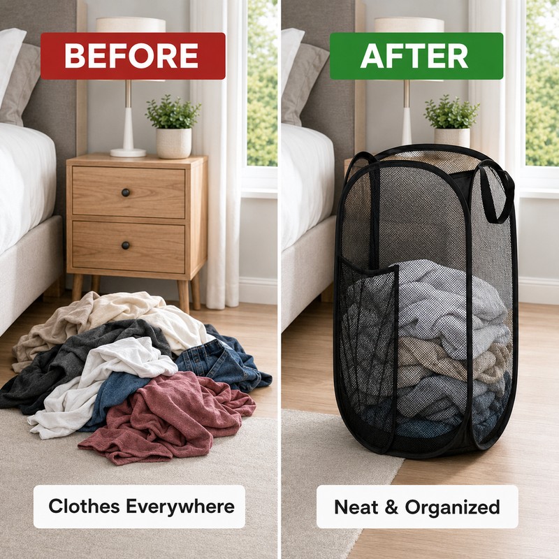 Collapsible Mesh Pop Up Laundry Hamper with Handles & Side