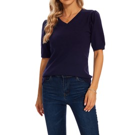 MINTLIMIT Jumpers for Women V Neck Short Sleeve Sweaters Pullover Knitted Tops Casual Size 20 22 (N-Navy XL)