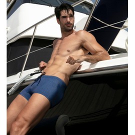 HOM Men's Morny Swim Trunks, Micro motif navy / orange