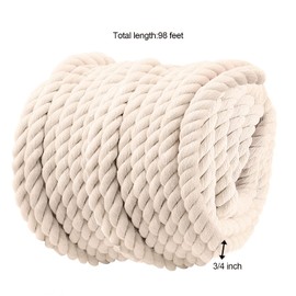 JOIKIT 100 Feet 3/4 Inch Twisted Cotton Rope 3-Strand Natural Thick White Cotton Rope for Hammocks, DIY Crafts, Gardening, Camping