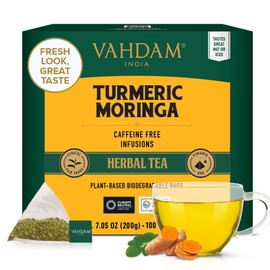 VAHDAM, Turmeric Moringa Superfood Herbal Tea Bags (100 Count) Caffeine Free, Non GMO, Gluten Free | 100% Pure Herbal Blend - Sweet & Earthy | Whole Loose-Leaf Tea Bags | Resealable Ziplock Pouch