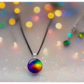 Gregory Crafts & Gifts Rainbow Prism, Galaxy Celestial Pendant Necklace, Black Cord and Round Glass Dome, 18 inch Unisex Jewellery for Him or Her. A Multicolored Cosmic Wonder