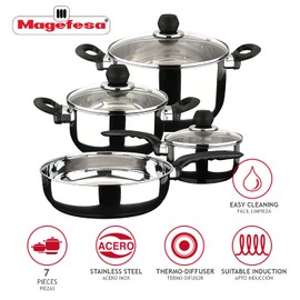 MAGEFESA ® Practika pot and pan set, 7 Pieces, this cookware include Stockpot, Stew pot, Saucepan, Deep sauté, Stainless Steel, compatible with all types of stoves, INDUCTION, Dishwasher safe