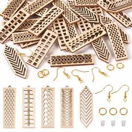 PandaHall 30pcs Unfinished Natural Wooden Filigree Pendants Wood Blanks Geometry Rectangle Dangle Earring for Boho Earring Jewelry Making