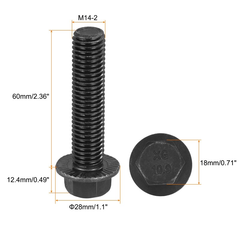 sourcing map M14-2x60mm Hex Serrated Flange Bolts 10.9 Grade Carbon