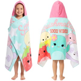 Squishmallows Hooded Towels for Girls, 100% Cotton Bath & Beach Towel Ponchos, Soft & Absorbent Kids Shower Swimming Wrap & Changing Robe, Pool, Travel & Holiday Essentials (Multi Squishmallows)