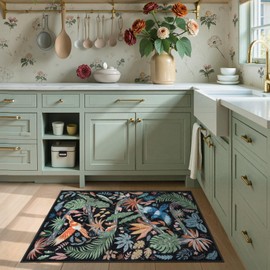 Uphome Botanical Bird Kitchen Rug, 2x3 Washable Rugs for Entryway Non Slip, Indoor Small Tropical Plant Door Mat Low Pile, Soft Vintage Throw Carpet for Entry Bedroom Bathroom, Black