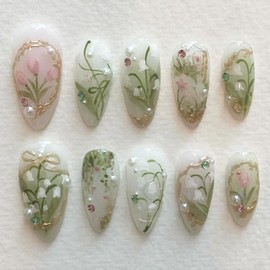 24Pcs Flower Press on Nails Medium Almond Nails French Tip Fake Nails with 3D Pearl Rhinestones Designs Spring Summer Flower False Nails Green Acrylic Nails Full Cover Glossy Glue on Nails for Women