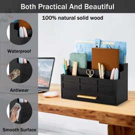 dreampossible Black Wood Desk Organizer and Accessories with Drawer, Bill Mail Organizer and File Mail Holder for Office Supplies, Rustic Desk Accessories & Workspace Organizers for Desk Organization