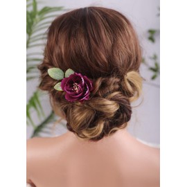 Anglacesmede Bridal Flower Hair Pins Burgundy Flower Green Leaf Hair Piece Boho Wedding Bridesmaid Hair Accessories