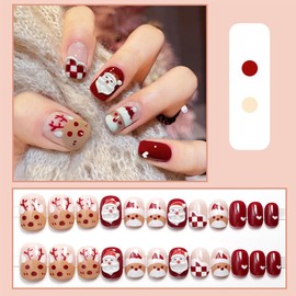 LRKNNO Christmas Press on Nails Short Square Fake Nails with Santa Claus Charms Designs Xmas Glue on Nails Elk Acrylic Nails Full Cover False Nails Winter Artificial Nails for Women Manicure 24 Pcs
