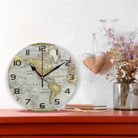 One Bear Vintage World Map Round Wall Clock Silent Non Ticking, Retro Arabic Numerals Design Clock for Home,Office,School Art Decorative