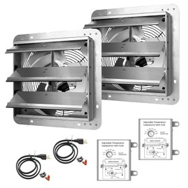 iPower 12 Inch Shutter Exhaust Fan Aluminum High Speed 1620RPM, 1800CFM, Silver, with Adjustable Programmable Thermostat, 2 Pack