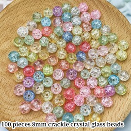 100pcs Crackle Glass Beads 8mm Round Crystal Glass Spacer Crafts Beads for Jewelry Making Necklace Bracelet Earrings DIY Crafts(Mix Light Colors)