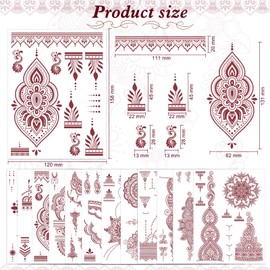 DPKOW Pack of 12 Brown Red Lace Temporary Tattoos, Mandala Flower Tattoo Stickers for Women Girls Hand Arm Body Art, Indian Fake Tattoos Eid Wedding Party Gifts, Waterproof Bohemia