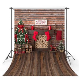 MEHOFOTO 6x8ft Merry Christmas Wood Fireplace Photo Studio Booth Backgrounds Props Winter Wooden Red Stocking Gift Christmas Tree Backdrops for Photography