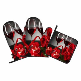 Samgula Red Wine Oven Mitts and Pot Holders Sets Roses Candles Romantic Love Heat Resistant 3pcs for Cooking Baking BBQ