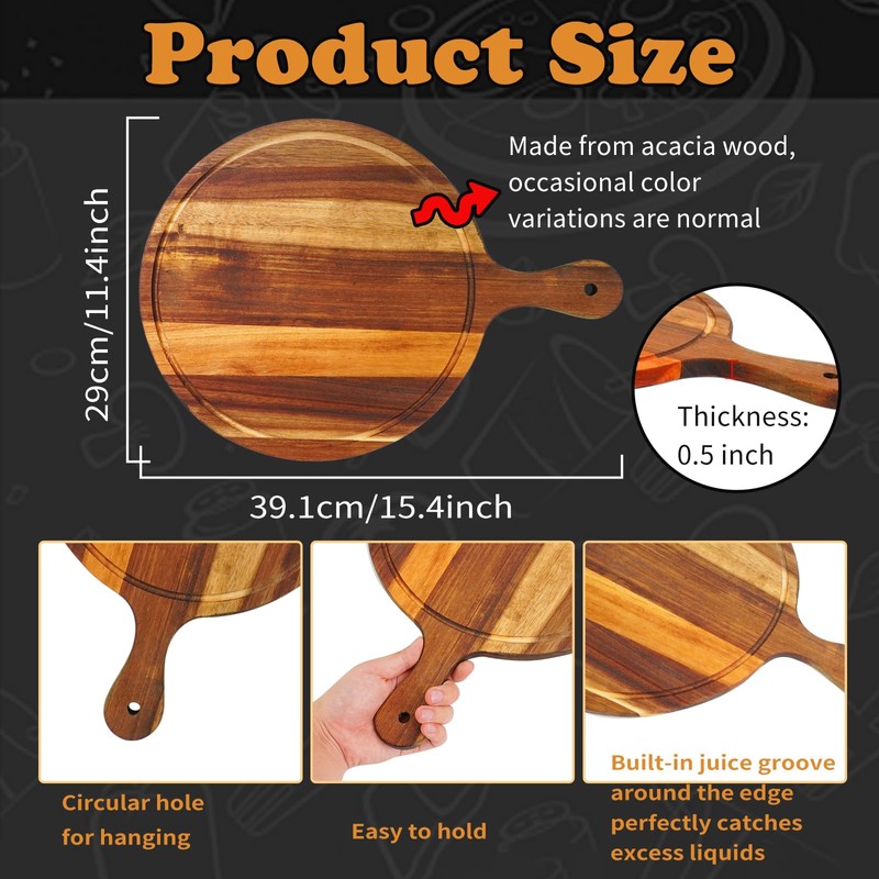 12 Pcs Round Wood Cutting Board with Handle Acacia Wooden