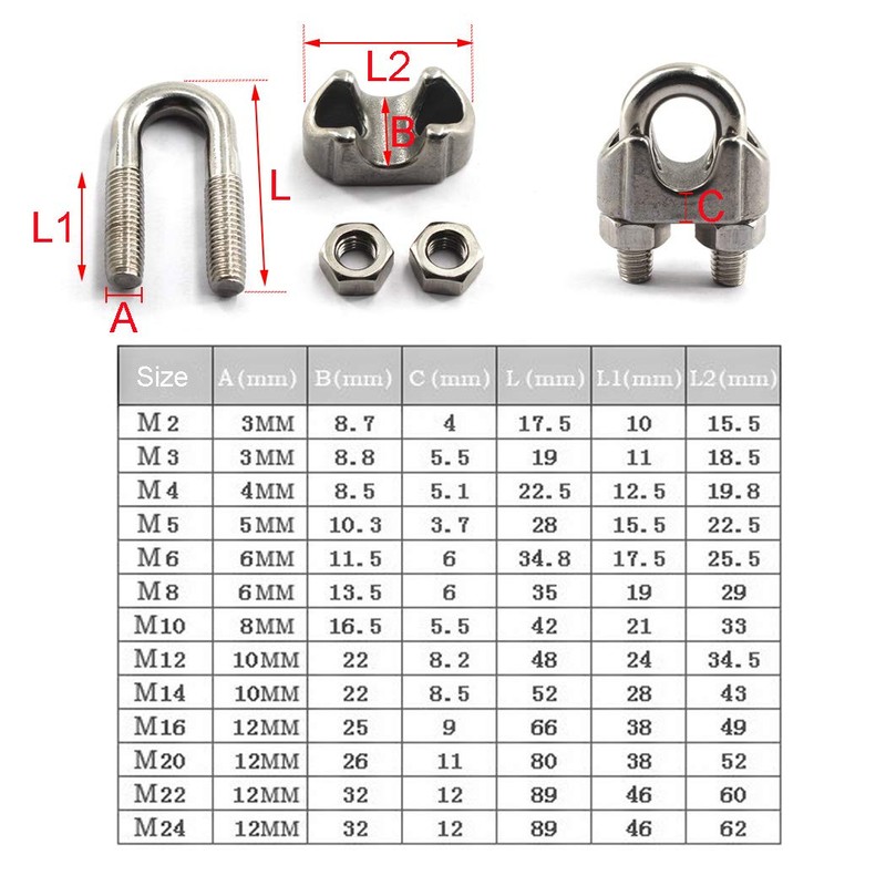 M2 Wire Rope Clamp 304 Stainless Steel Cable Clamp U-Bolt
