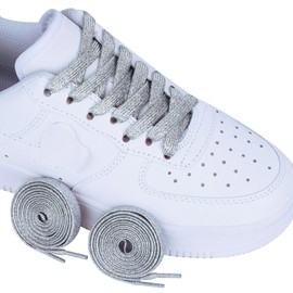 Olukssck 2 Pairs Glitter Shoelaces for Sports Shoes and Trainers, Coloured Flat Shoe Laces, 10 mm Wide, Silver, 80 cm