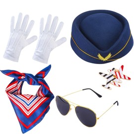 SSKHE 4 Piece Professional Flight Attendant Costume, Women's Themed Carnival Costume, One-Stop Set with Hat Gloves Brooch, Suitable for Role-Playing Carnival Activities