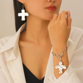 Chunky Gold Large Hammered Cross Dangle Earrings Bracelets for Women Trendy, Statement Thick Big Silver Cross Earring Bracelet Vintage Faith Jewelry Set (Silver)