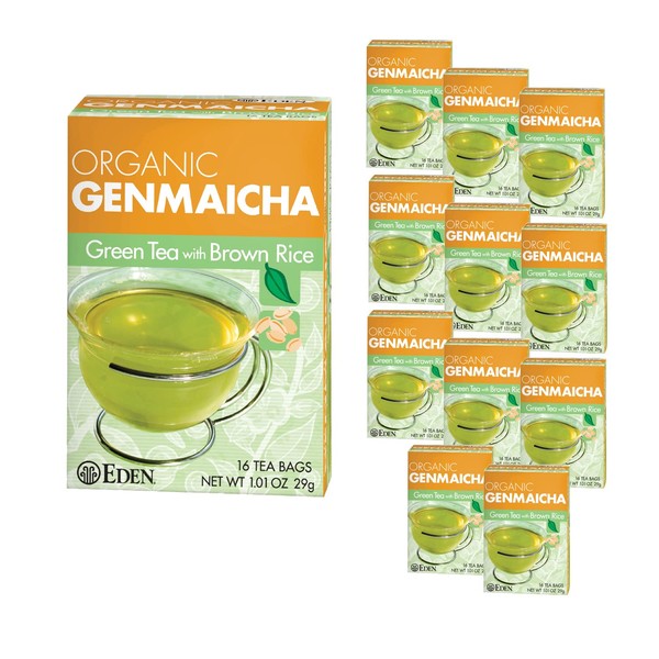 Eden Genmaicha Organic Green Tea, Sencha Green Tea with Roasted Organic Brown Rice, Japanese, 16 Unbleached Manila Tea Bags/Box (12-Pack Case)