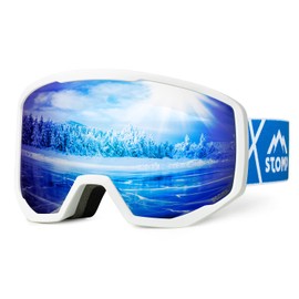 STOMP Ski/Snowboarding Goggles 100% UV400 Protection Replaceable Lens/Straps Goggle for Men, Women & Youth (White Frame/Blue Lens VLT 15%)