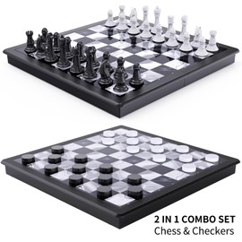 2-in-1 Chess Set and Magnetic Checkers Set - Foldable 13-inch Travel Board Game, Durable Plastic, Puzzle and Strategy Toys for Kids and Adults