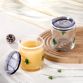 Patelai 2 Pcs Christmas Tree Icon Glasses Cups with Lids and Straws 15oz Reusable Drinking Iced Coffee Glass Cups Cute Xmas Tumbler Gifts for Christmas Adults Women Men Holiday Stocking Stuffer