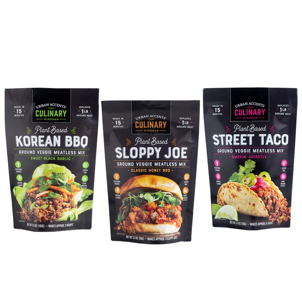Urban Accents Plant Based Meatless Mixes – Gluten Free Plant Based Protein & Seasoning Blends – Vegetarian Korean BBQ Mix, Sloppy Joe Mix & Taco Mix