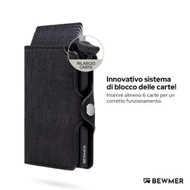 BEWMER Credit Card Holder 1 Shielded Slim Wallet for Men and Women Card Holder and ID Card Holder with RFID Protection and Money Clip Made of Carbon Fibre, Black Cork, Con Zip, Minimalist