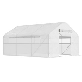Outsunny 13' x 10' x 6.5' Hoop House Greenhouse with Large Windows and Zippered Door, Large Walk-in Tunnel Green House with Upgraded Galvanized Steel Frame, PE Cover, Gardening Plant Hot House, White