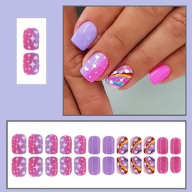 Valentine's Day Press on Nails Rainbow Color Fake Nails Short Square Acrylic Nails Pink Purple Gradient False Nails with Heart Star Designs Cute Artificial Stick on Nails for Women Girls 24Pcs
