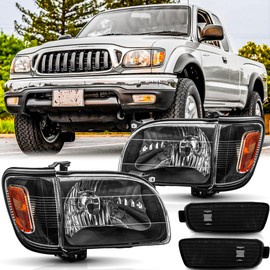 SAFAUTOPARTS Headlights & Corner Lights Assembly Pair for 2001 2002 2003 2004 Toyota Tacoma Head Lamps with Bumper Lights Replacement Driver and Passenger Side,Black Housing Amber Reflector