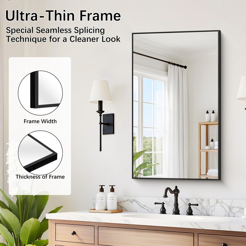 18" x 30" Bathroom Mirror, Black Metal Frame Wall Mirror