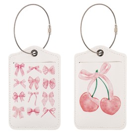KINCHYGO, 2 Pack Bow Luggage Labels Tags Cute Cherry PU Leather Suitcases Tag for Travel Pink