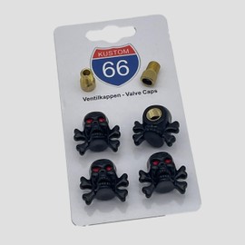 Set of 4 Valve Caps + 2 Bicycle Adapters - Skull Black with Bone - Suitable for Any Car, Motorcycle and Bicycle