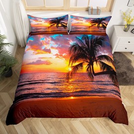 Loussiesd Ocean Beach Duvet Cover For Kids Adults Girls Chic Sea Sunset Scenery Comforter Cover Tropical Palm Tree Bedding Set Hawaiian Holiday Bedspread Cover Room Decor Single Bedclothes