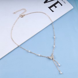 Cimenexe Bohemian Butterfly Lariat Y Necklace Crystal Butterfly Choker Necklace Silver Pearl Drop Necklace Chain Vintage Pearl Y Chain Necklace Pearl Tassel Choker Necklace Jewelry for Women and