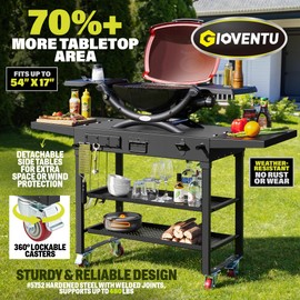 Upgraded 3-Shelf Outdoor Grill Table Cart - 54"W x 17"D Portable Grill Cart with Wheels, Folding Grill Cart Pizza Oven Table, BBQ Prep Table Griddle Stand Fits for 17”22” Griddle, Grill and Pizza Oven