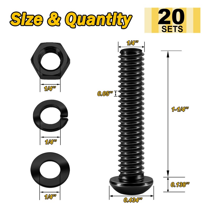 (20Sets) 1/4-20 Bolt x 1-1/4" Button Head Socket Cap Screws,