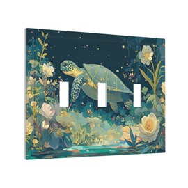 Decorative Switch Plates Fantasy Sea World Sea Turtle Floral Plant 3 Gang Wall Plate Triple Toggle Light Switch Cover Faceplate Electrical Wall Panels for Kids Room Nursery Decor