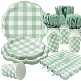 175PCS Sage Green Gingham Paper Plates and Napkins Party Supplies Disposable Knives Spoons Forks Cups Gingham Set Cute Paper Plastic Plate Cutlery for Dinner Baby Shower Party Supplies Serve 25 Guests