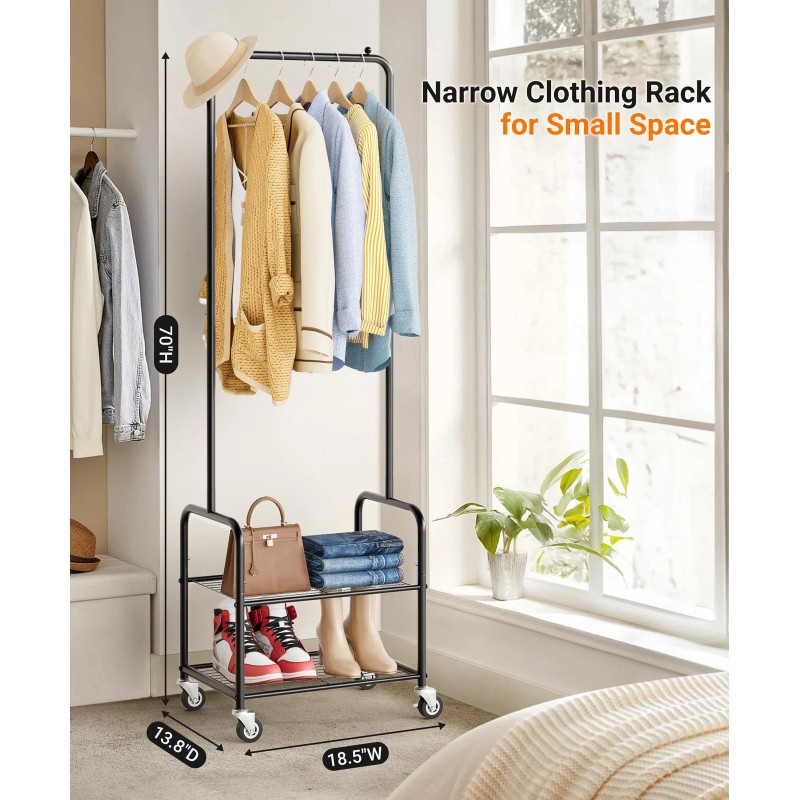 Aooda Small Clothes Rack with Shelves Metal Sturdy Rolling Clothing
