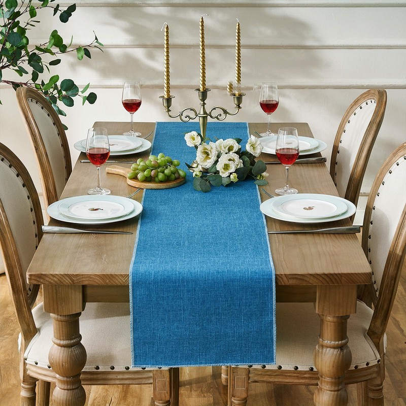 Table Runner Washable Blue 30 x 180 cm Linen Rustic