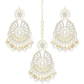 Aheli Gold Plated Kundan Pearl Studded Dangle Earrings and Maang Tikka Set Traditional Jewelry Gift for Women White