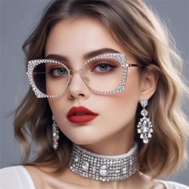 willochra Oversized Cat Eye Crystal Rhinestone Reading Glasses for Women Sparkling Female Trendy bling Diamond Reader (GOLD, 2, x)