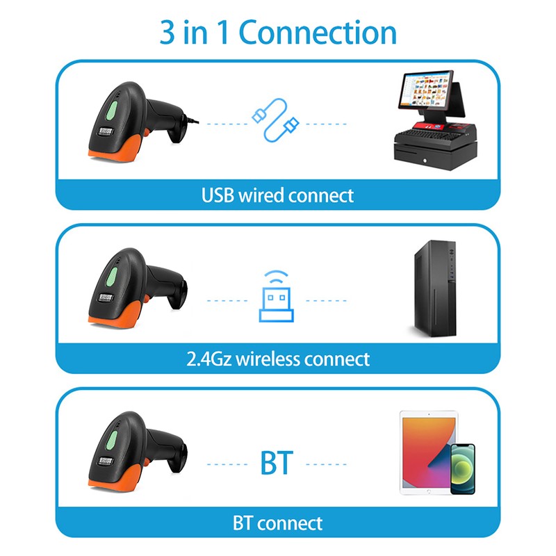 Handheld 1D/2D/QR Barcode Scanner BT+2.4G Wireless USB Wired Bar Code