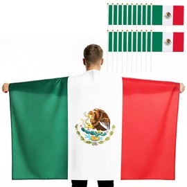 21 Piezas Kit de Apoyo para Fanáticos de México Copa Mundial FIFA 2026,con 1 PCS Chal Bandera Mexicana 60 * 90cm y 20 PCS Banderas Mexicanas de Mano 14 * 21cm,Animar al País en el Mundial